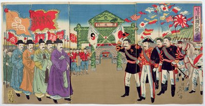 Een ontmoeting tussen Japanse officieren en Koreaanse functionarissen, een episode uit de Chinees-Japanse oorlog, eind 19e eeuw door Japanese School