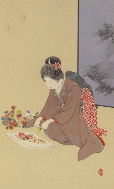 Een jong meisje dat met chrysanten speelt door Japanese School