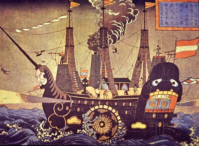 Amerikaans zijwielstoomschip uit 1853 geschilderd door een verbaasde Japanse kunstenaar door Japanese School