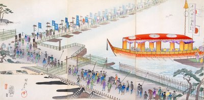 Bijwonen van een festival: oversteken van een pontonbrug naar de heilige plaats door Japanese School