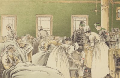 Verzorging van de Russische gewonden in het tijdelijke ziekenhuis van de Japanse Rode Kruis Vereniging in Chemulpo door Japanese School