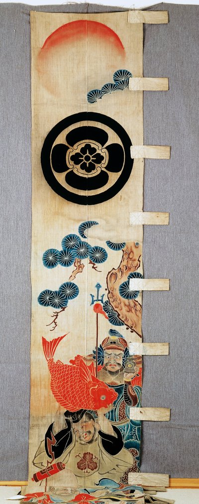 Banner (nobori), detail van motieven van de Zeven Goden van Fortuin, familiewapens, bloem in cirkel, katoen, geverfd in reserve met rijstzetmeel, met pigmenten, inkt, chemicaliën, Japanse beschaving, Meiji-Taisho periode, 20e eeuw door Japanese School