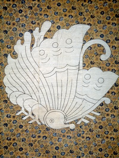 Sprei Futonji met bloemenprint calico, familiewapen met vlinder, ruwe en gesponnen zijde, masker geverfd in reserve met rijstzetmeel, directe houtsnede, inktpigmenten, Japanse beschaving, Edo-Meiji-periode door Japanese School