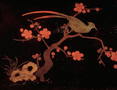 Vogel- en bloemmotieven, houten en gelakte bunko doos door Japanese School
