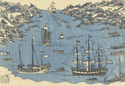 Bunkindo print van buitenlandse schepen in de haven van Nagasaki, 1800-50 door Japanese School