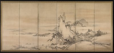 Chinees landschap, een van een paar zesdelige schermen door Japanese School