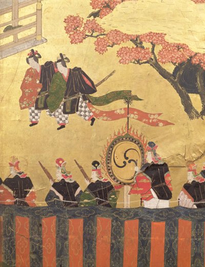 (detail) van een vierbladig scherm met twee hovelingen in kazaritachi en soldaten, Tosa School, Edo-periode door Japanese School