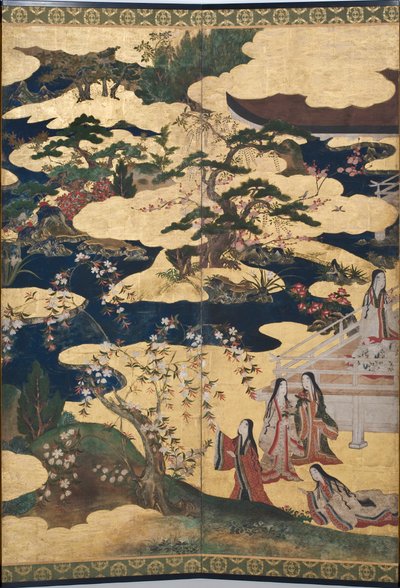 Detail van Lente in het Paleis, zesdelig scherm uit Het Verhaal van Genji, c.1650 (inkt, kleuren & goud op papier) door Japanese School