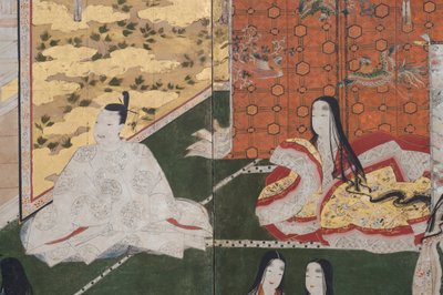 Detail van Lente in het Paleis, zesdelig scherm uit Het Verhaal van Genji, c.1650 (inkt, kleuren & goud op papier) door Japanese School