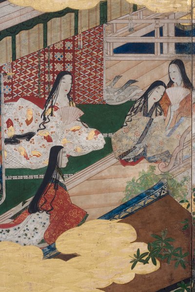 Detail van Lente in het Paleis, zesdelig scherm uit Het Verhaal van Genji, c.1650 (inkt, kleuren & goud op papier) door Japanese School