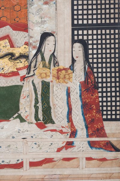 Detail van Lente in het Paleis, zesdelig scherm uit Het Verhaal van Genji, c.1650 (inkt, kleuren & goud op papier) door Japanese School