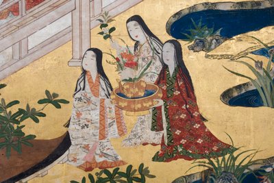 Detail van Lente in het Paleis, zesdelig scherm uit Het Verhaal van Genji, c.1650 (inkt, kleuren & goud op papier) door Japanese School