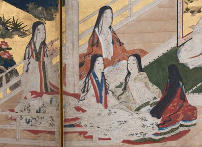 Detail van Lente in het Paleis, zesdelig scherm uit Het Verhaal van Genji, c.1650 (inkt, kleuren & goud op papier) door Japanese School