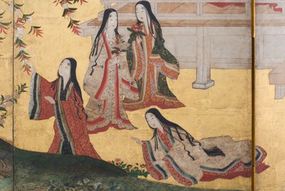 Detail van Lente in het Paleis, zesdelig scherm uit Het Verhaal van Genji, c.1650 (inkt, kleuren & goud op papier) door Japanese School