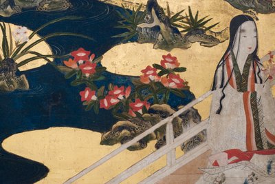 Detail van Lente in het Paleis, zesdelig scherm uit Het Verhaal van Genji, c.1650 (inkt, kleuren & goud op papier) door Japanese School