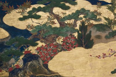 Detail van Lente in het Paleis, zesdelig scherm uit Het Verhaal van Genji, c.1650 (inkt, kleuren & goud op papier) door Japanese School