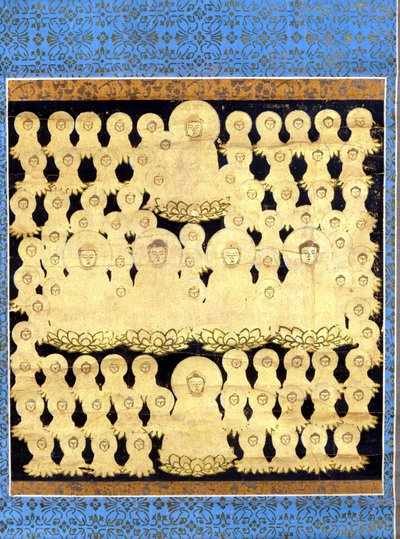Vijfentachtig voorstellingen van de Japanse Boeddha Amida Bosatsu. Schilderij op doek uit de 17e eeuw. door Japanese School