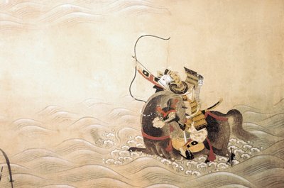 Episode van de Genpei (Gen Pei) Oorlog (1180-1185): een samoerai gewapend met een boog en te paard steekt een rivier over bij een doorwaadbare plaats. Japanse kunst van de Tosa-school door Japanese School