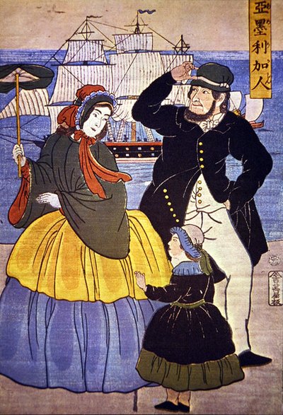 Europese familie aan de havenfront van Yokohama geschilderd door een Japanse kunstenaar in 1861 door Japanese School
