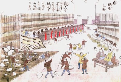 Fabriek voor de bereiding van walvisproducten, eind 19e eeuw (kleurgravure) door Japanese School