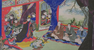 Vissers tonen hun penissen aan de keizerin en haar hof, uit een erotisch verhaal van vissers die schipbreuk lijden op een eiland bewoond door vrouwen (handgekleurde gravure) door Japanese School