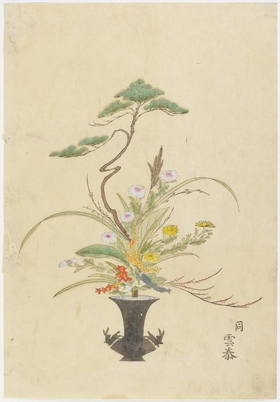 Bloemschikking door Takada Anritsub? Untai; Pijnboom, Chrysant en Camelia door Japanese School