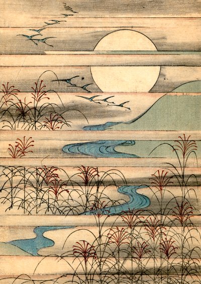 Volle maan boven een rivierlandschap door Japanese School