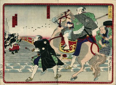 Groep samurai op een brug (inclusief een paard) - in “De wraak van de 47 ronins” 19e eeuw: Serie de Kabouki door Japanese School