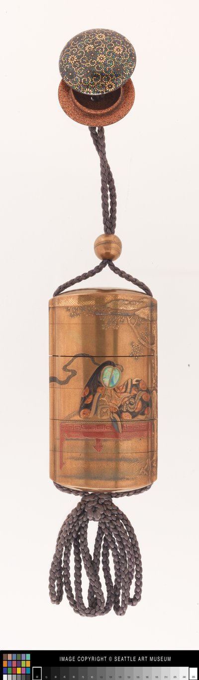 Inro versierd met een hofdame, ojime en netsuke door Japanese School