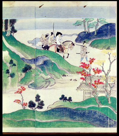 Ippen rijdt met zijn escorte, uit een geïllustreerde geschiedenis van het leven van de monnik Ippen (1239-89) door Japanese School