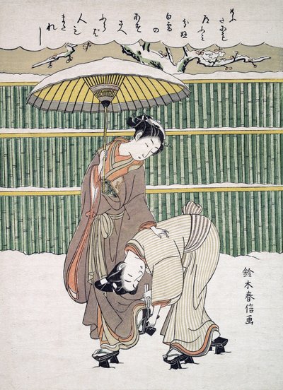 Japanse geliefden wandelen in de sneeuw, gepubliceerd ca. 1768 door Japanese School