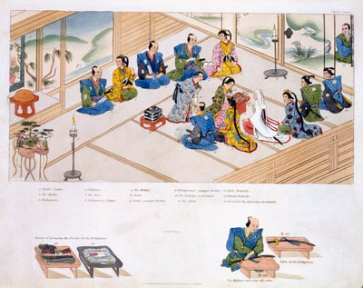 Japans huwelijk: de twee families ontmoeten elkaar, met bemiddelaar, pub. 1824 door Japanese School