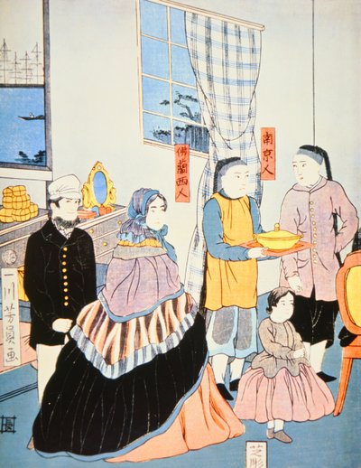 Japanse prent c.1870 met Europese bezoekers aan Japan door Japanese School