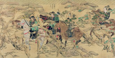Japanse soldaten te paard rijden door een dennenbos tijdens de Mongoolse invasie van Japan in 1274, illustratie uit Kokka magazine, mei 1921 door Japanese School