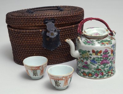 Japans theeservies met rieten draagtas, ca. 1850 door Japanese School