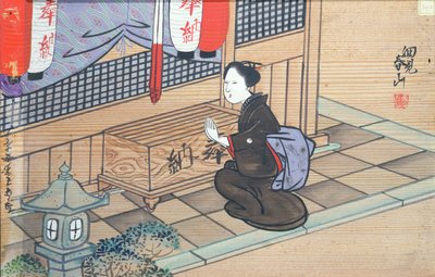 Dame die bidt in een Shinto-tempel door Japanese School