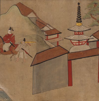 Man rijdend nabij pagode, illustratie uit de 