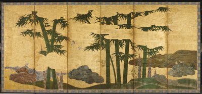 Bamboebos bij Maanlicht, begin 16e eeuw (paar van zes paneelschermen; inkt, kleur en goud op papier) door Japanese School