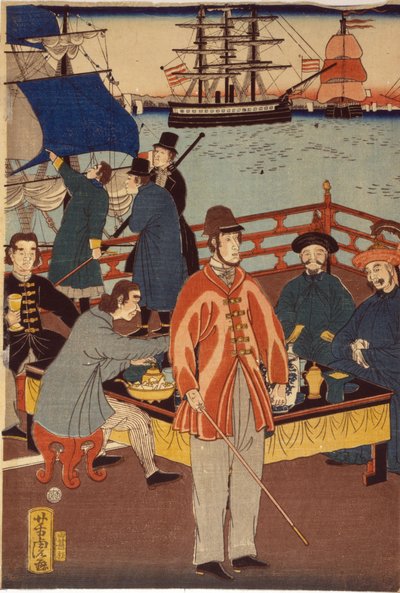 Europese kooplieden nemen verfrissing met Japanners, Yokohama haven, Japan door Japanese School