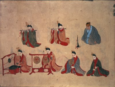 Zeven zittende muzikanten, uit de muzikale uitvoeringen van Ryukyu, c.1800-50 door Japanese School