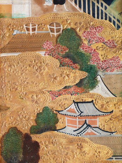 Osakazu Byobu - Japans kamerscherm met acht panelen (schilderij) door Japanese School