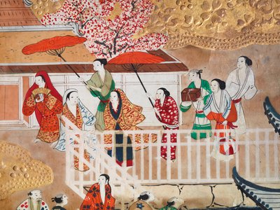 Osakazu Byobu - Japans kamerscherm met acht panelen (schilderij) door Japanese School