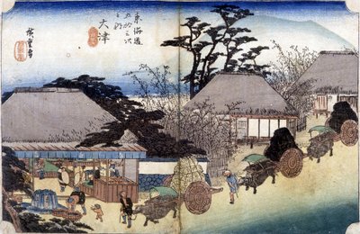 Boeren die een dorp oversteken met hun karren - Japanse prent door Japanese School