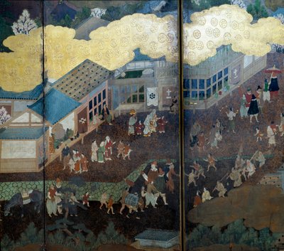 Portugese scherm: een voorstelling van de aankomst van Portugese jezuïetenmissionarissen in Japan in de 16e eeuw (detail) door Japanese School