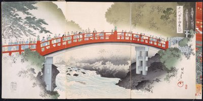 Processie over een rivier naar een tempel, uit een 19e-eeuws Album van Houtsneden door Japanese School