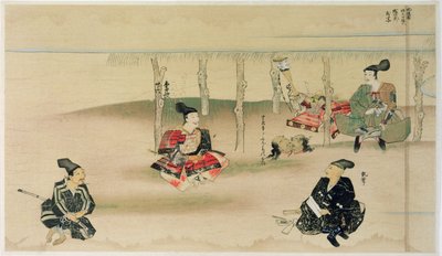 Samurai Takezaki levert de hoofden van twee Mongoolse indringers aan Adachi Morinume tijdens de Mongoolse invasie van Japan in 1274, illustratie uit Kokka magazine, mei 1921 door Japanese School