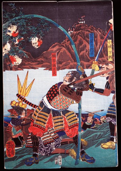 Samurai die de Afgehakte Hoofden van hun Vijanden op Bamboestokken Tonen, sewamono (huishoudelijk spel) door Japanese School
