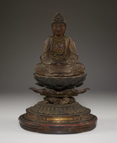 Zittende Miroku Bosatsu (polychroom hout met kristal, metaal en bladgoud) door Japanese School