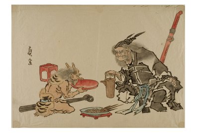 Shoki serveert sake aan een demon, c.1895-1905 (inkt op papier) door Japanese School