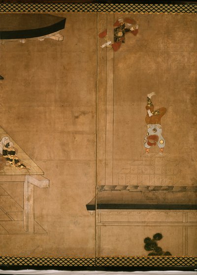 Zesdelig scherm met acrobaten die optreden voor een rijk huishouden door Japanese School